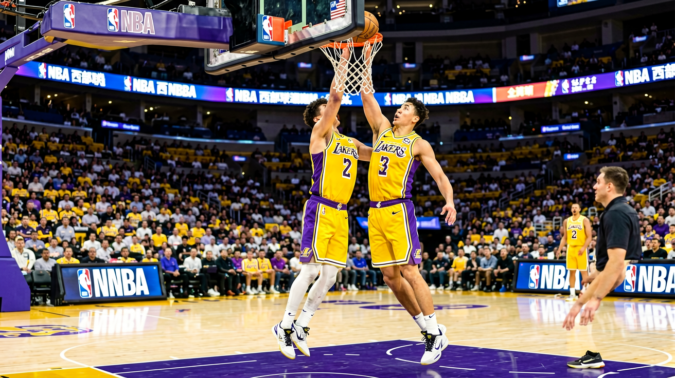 NBA篮球赛场，球员在激烈比赛中争抢篮板